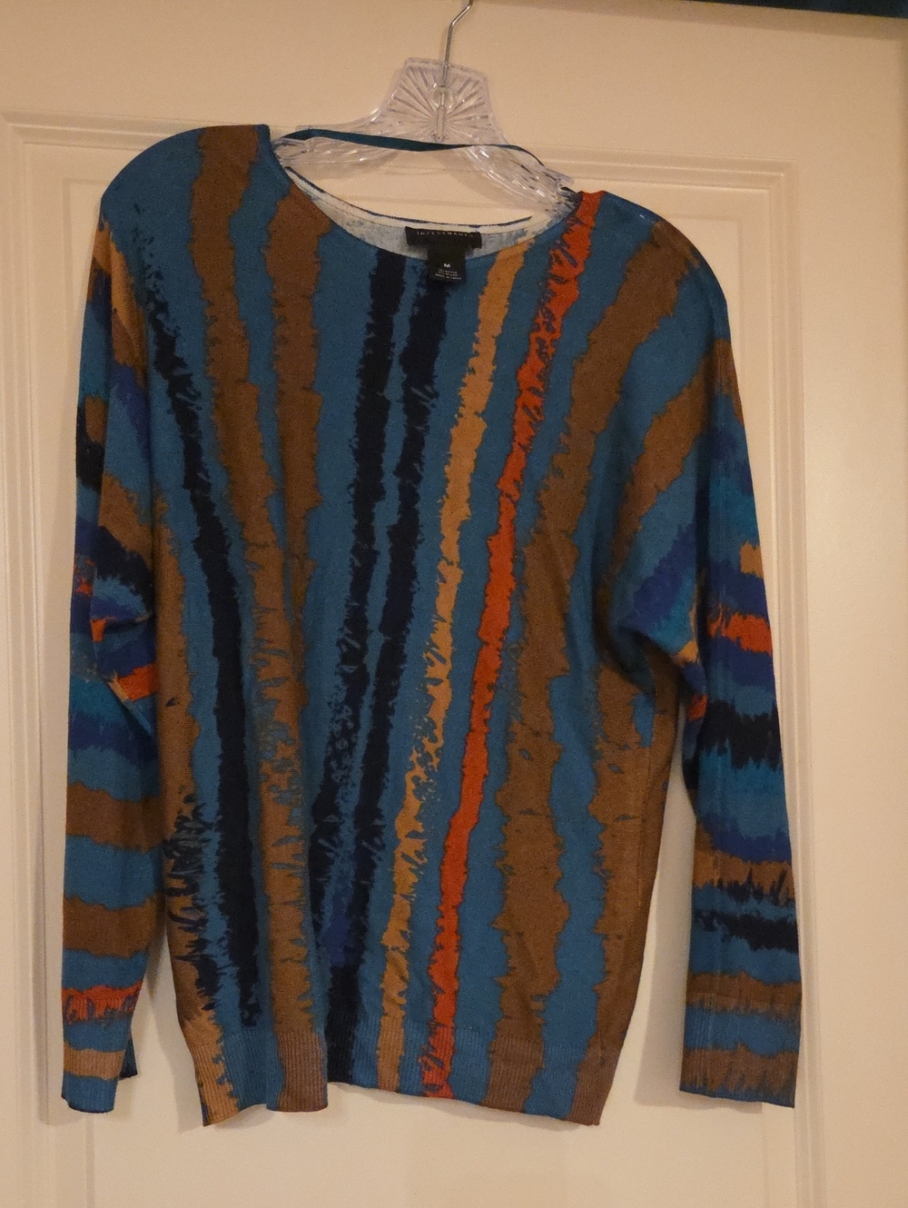 Investments Blue, Brown, Teal, Black & Orange Striped Crew Neck Sweater.